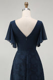 Navy Floral A Line V Neck Long Bridesmaid Dress with Flutter Sleeves