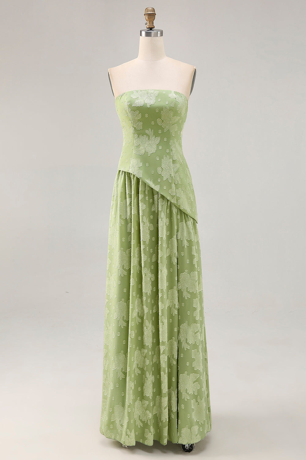 Floral Strapless Printed Sage Green Bridesmaid Dress with Slit