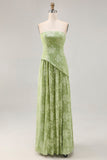 Floral Strapless Printed Sage Green Bridesmaid Dress with Slit