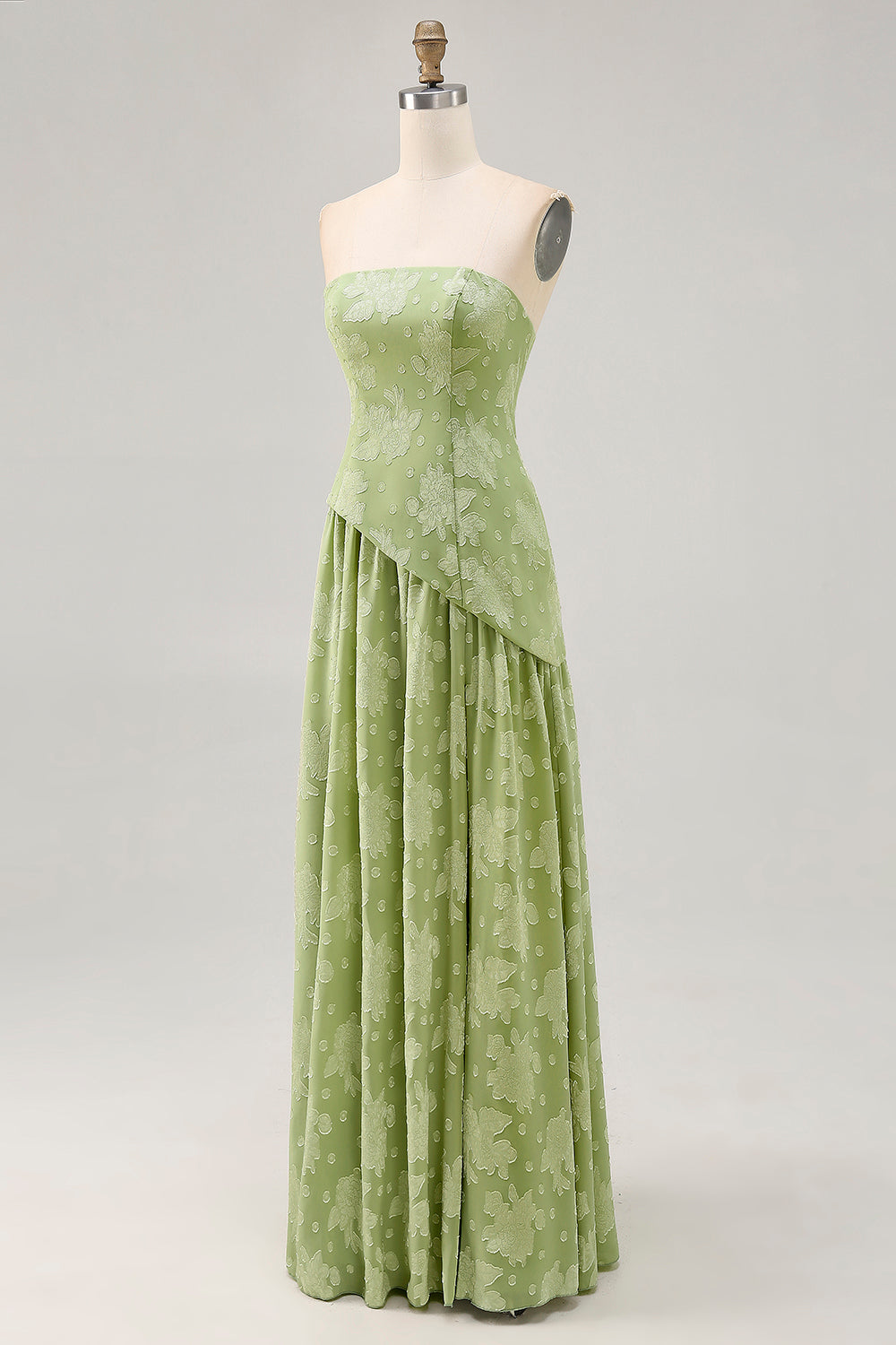 Floral Strapless Printed Sage Green Bridesmaid Dress with Slit