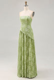 Floral Strapless Printed Sage Green Bridesmaid Dress with Slit
