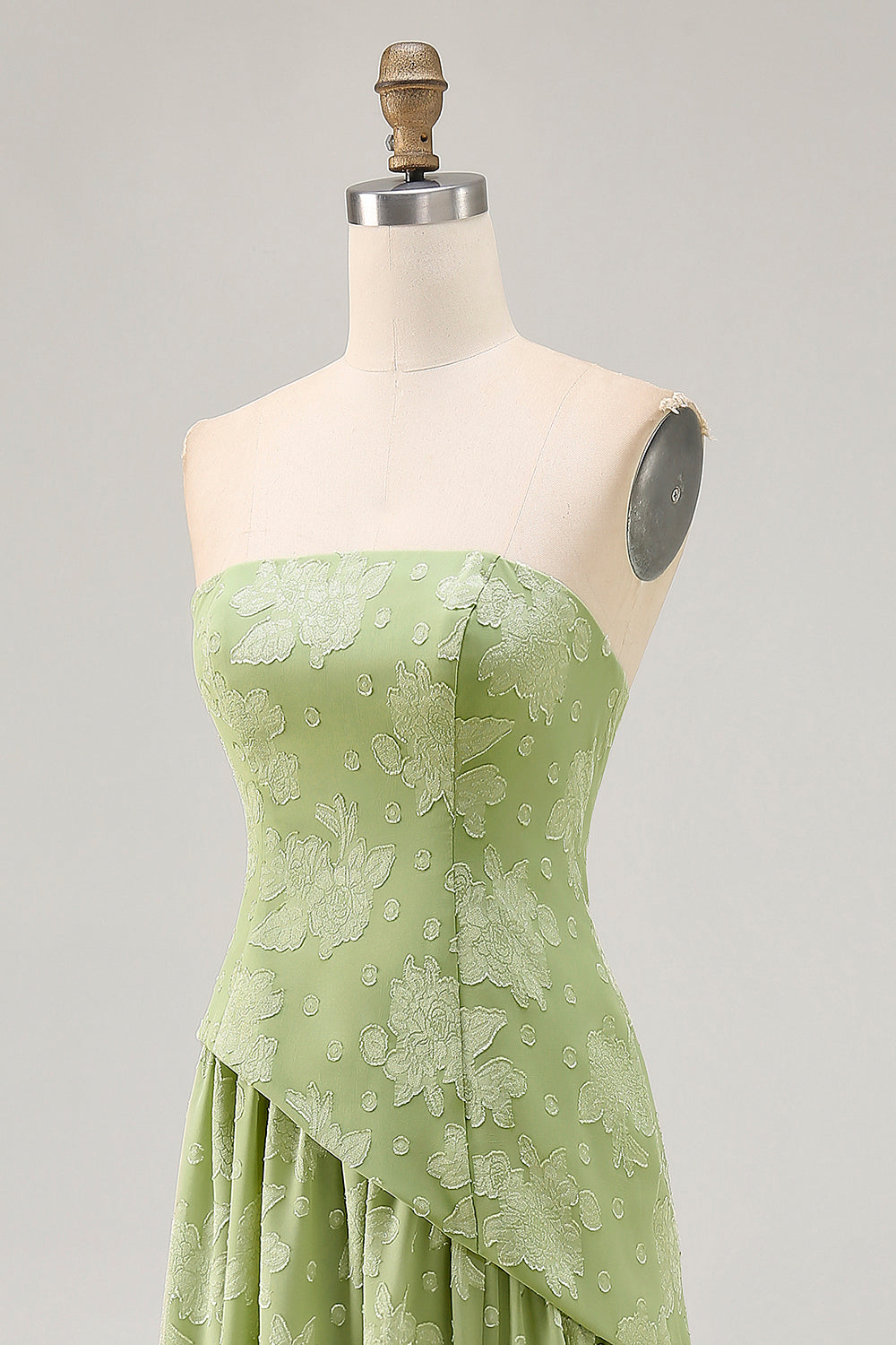 Floral Strapless Printed Sage Green Bridesmaid Dress with Slit