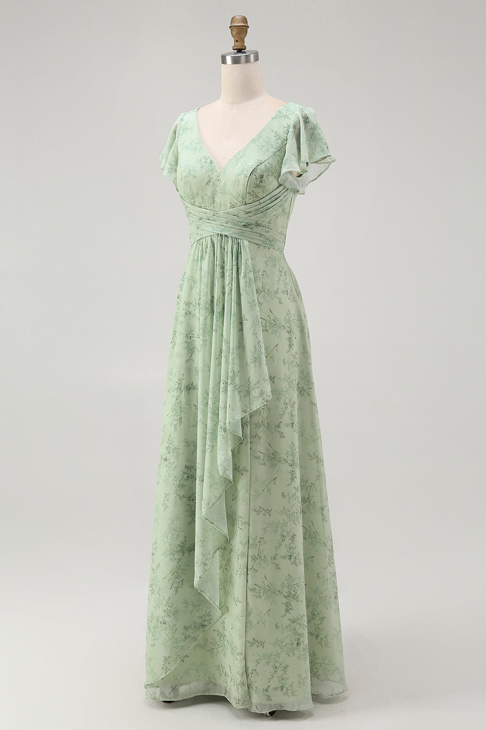 Dusty Sage A Line Short Sleeve Bridesmaid Dress with Slit