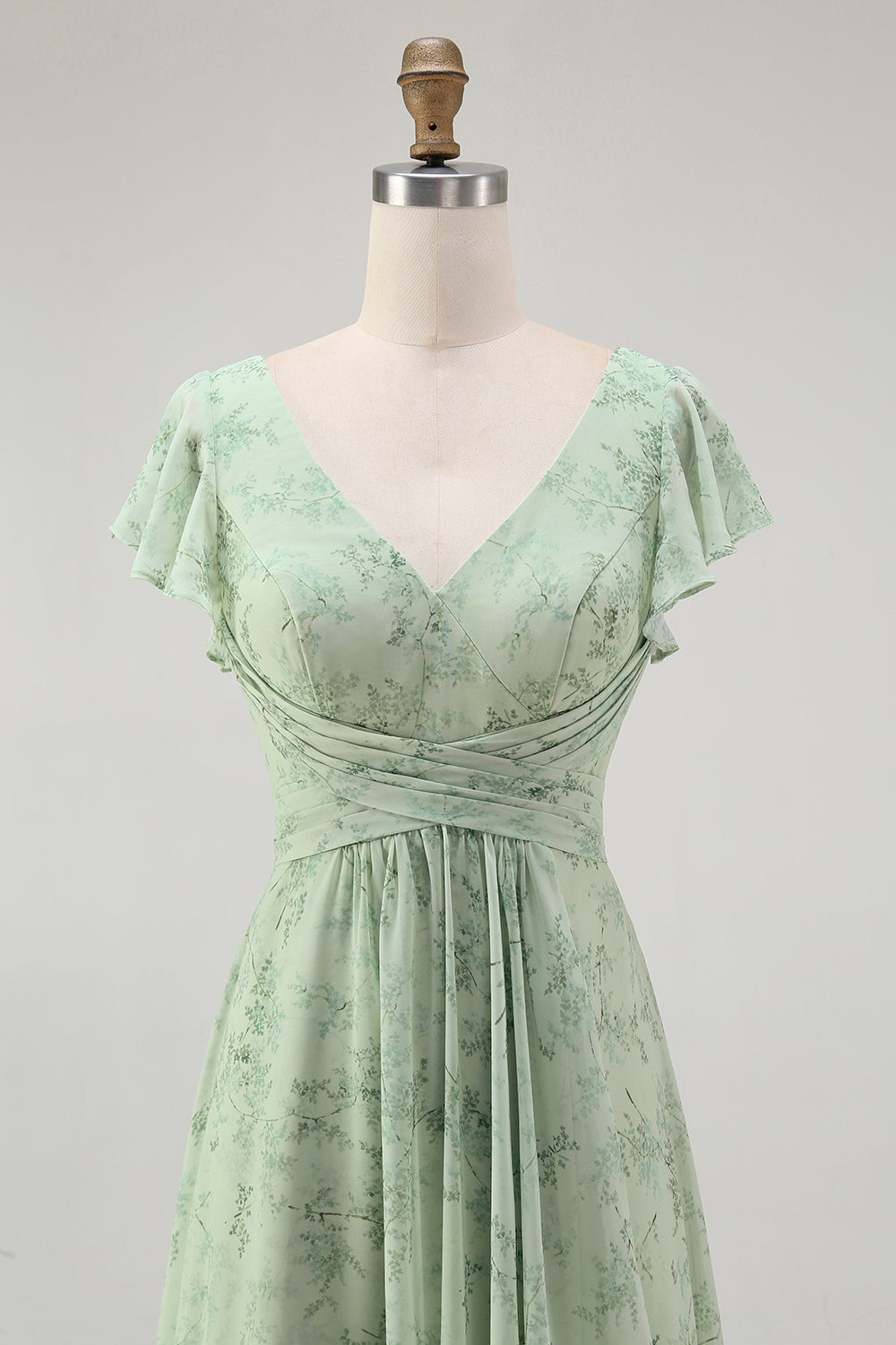 Dusty Sage A Line Short Sleeve Bridesmaid Dress with Slit