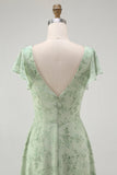 Dusty Sage A Line Short Sleeve Bridesmaid Dress with Slit