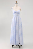 Blue Floral Spaghetti Straps Chiffon A Line Bridesmaid Dress