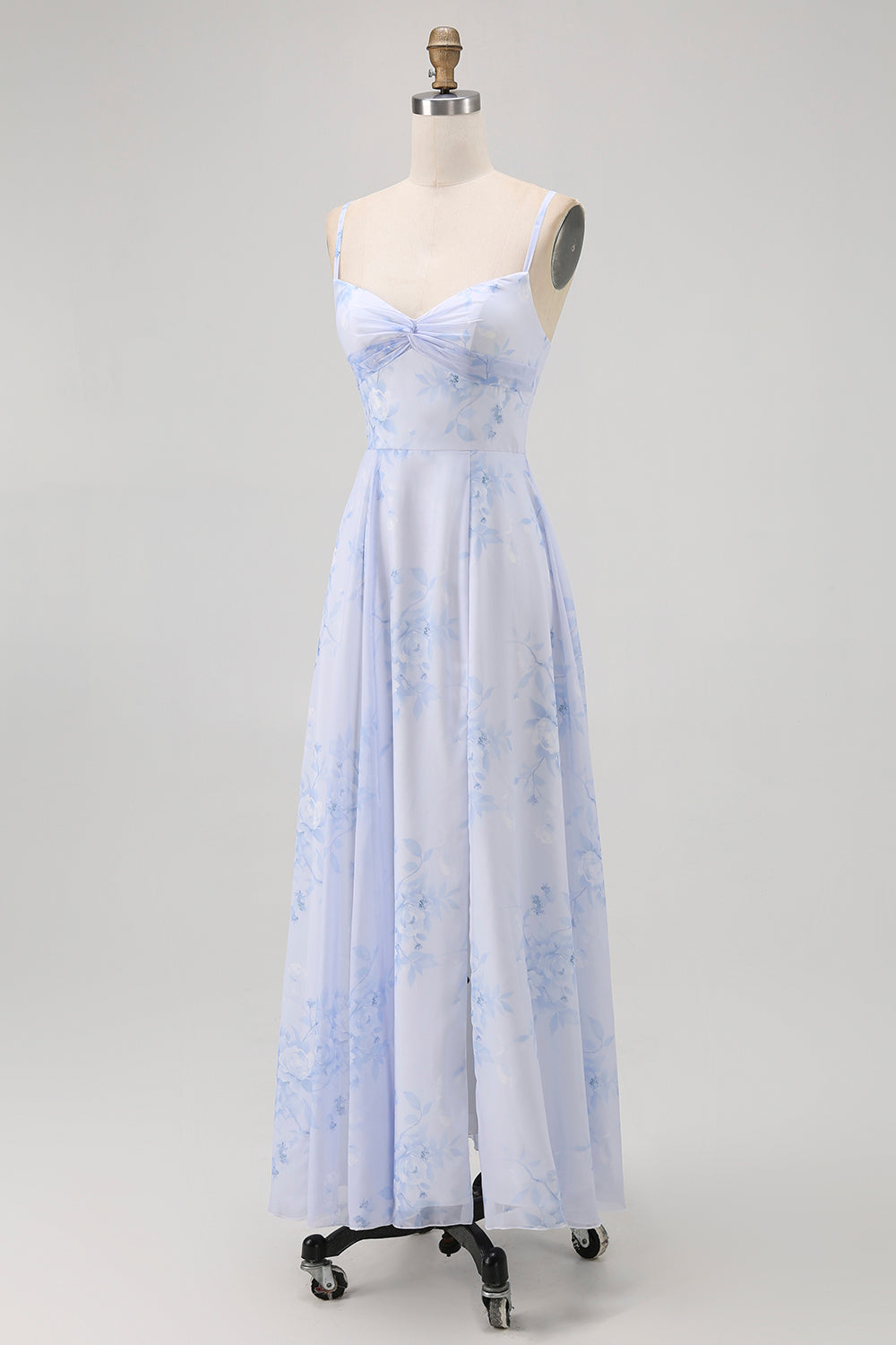 Blue Floral Spaghetti Straps Chiffon A Line Bridesmaid Dress