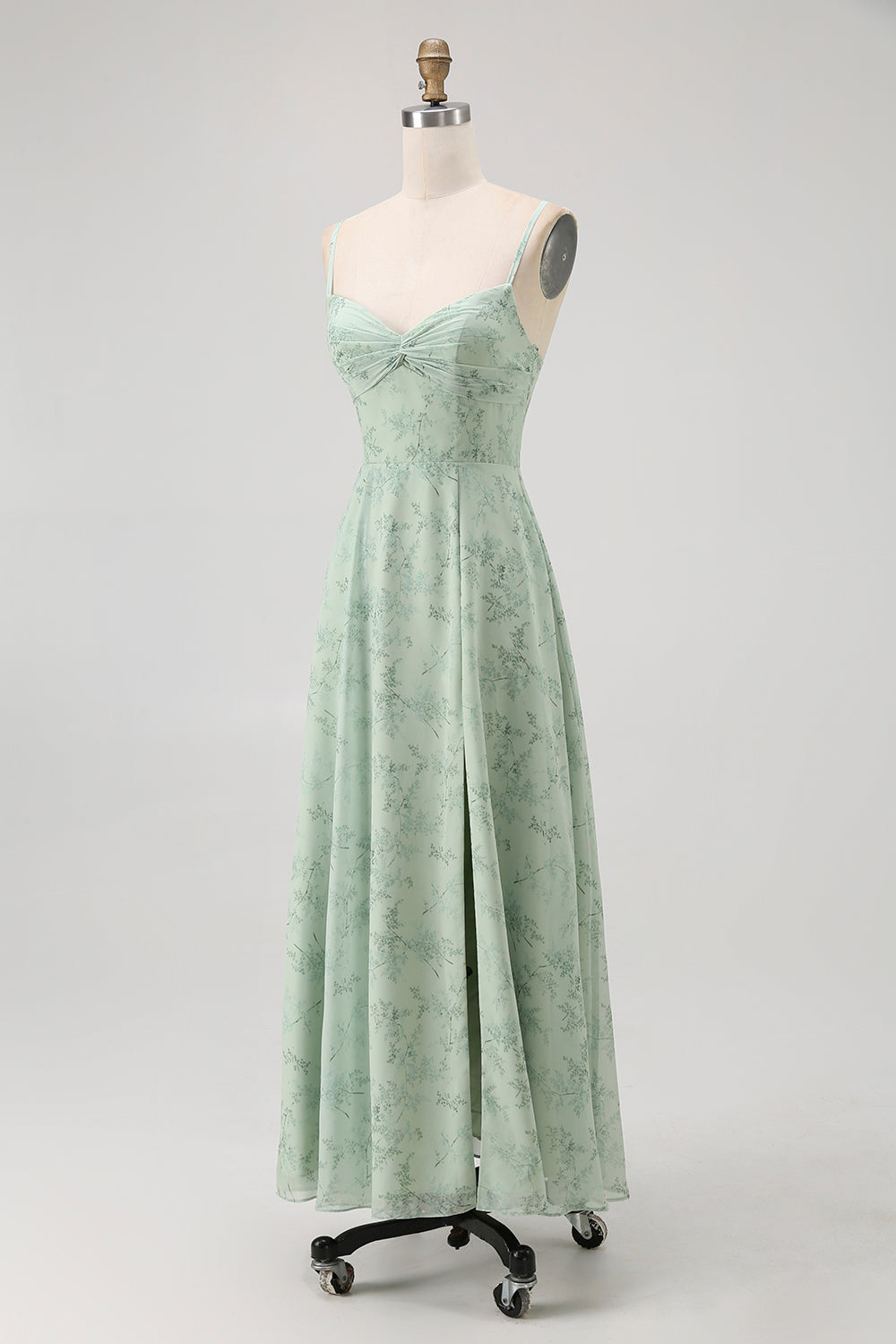 Blue Floral Spaghetti Straps Chiffon A Line Bridesmaid Dress