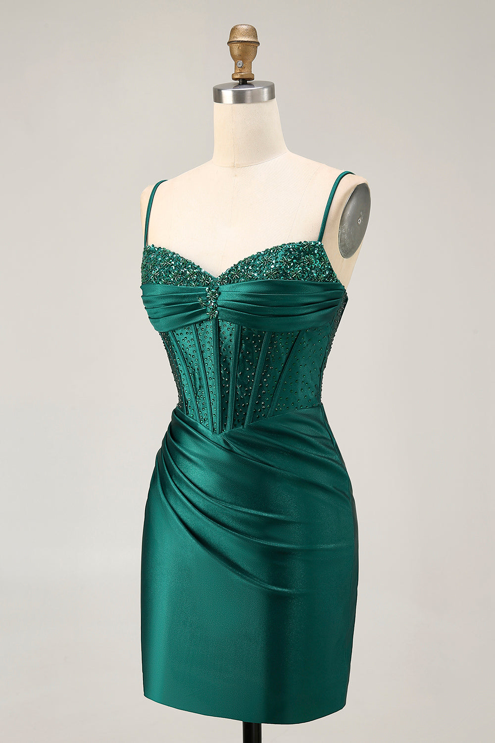 Dark Green Corset Bodycon Sequins Satin Cocktail Dress