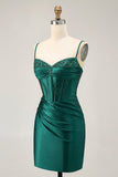 Dark Green Corset Bodycon Sequins Satin Cocktail Dress