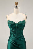 Dark Green Corset Bodycon Sequins Satin Cocktail Dress