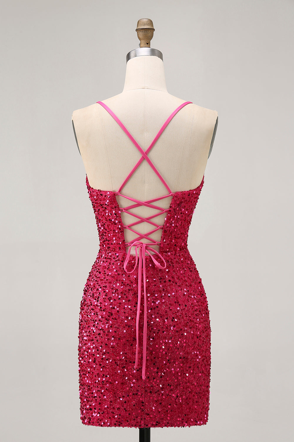 Sparkly Sequins Fuchsia Spaghetti Straps Short Tight Cocktail Dress