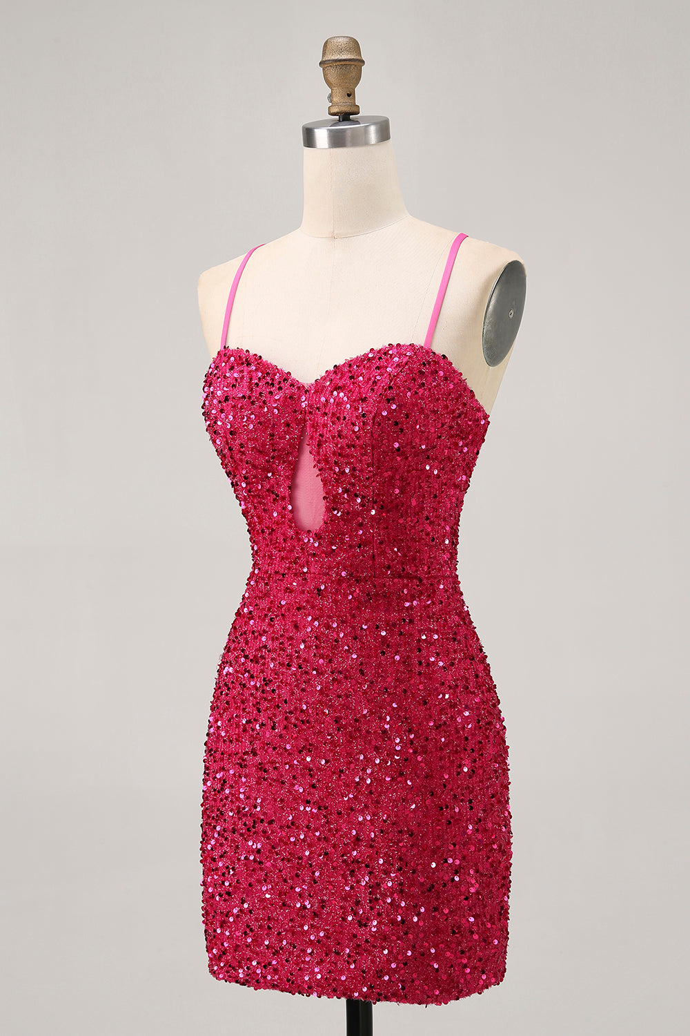 Sparkly Sequins Fuchsia Spaghetti Straps Short Tight Cocktail Dress