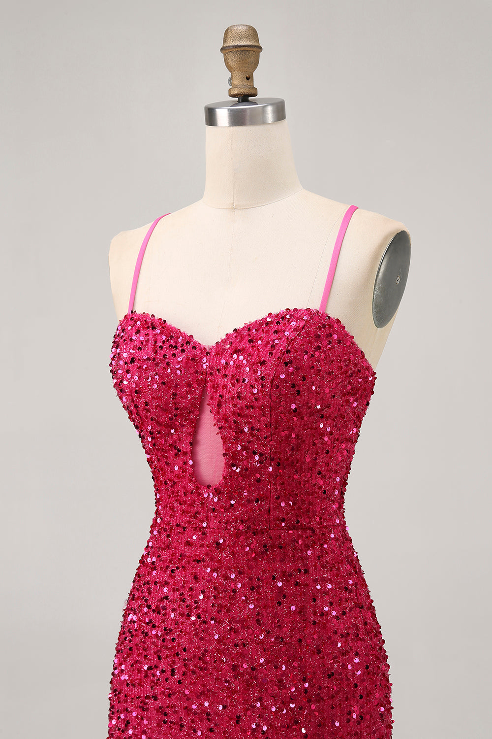 Sparkly Sequins Fuchsia Spaghetti Straps Short Tight Cocktail Dress