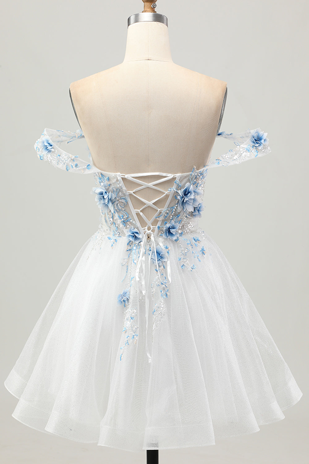 White Blue Flower A-Line Off the Shoulder Corset Short Prom Dress