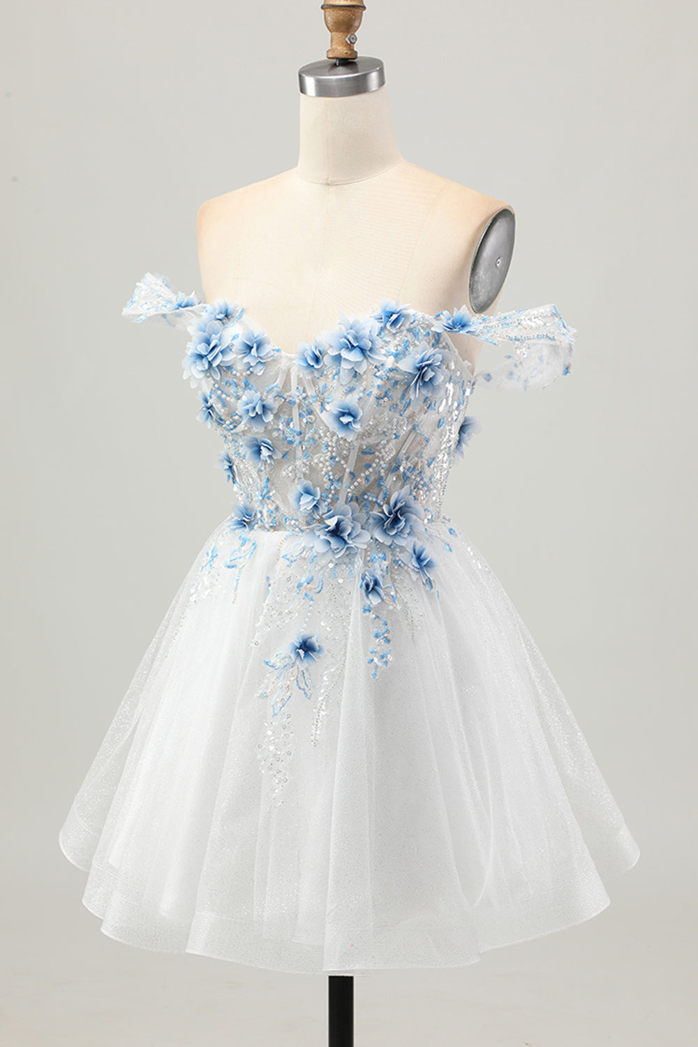 White Blue Flower A-Line Off the Shoulder Corset Short Prom Dress