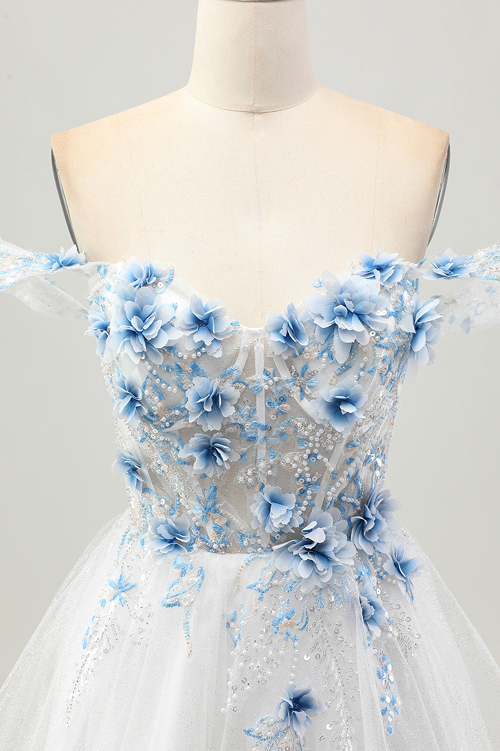 White Blue Flower A-Line Off the Shoulder Corset Short Prom Dress