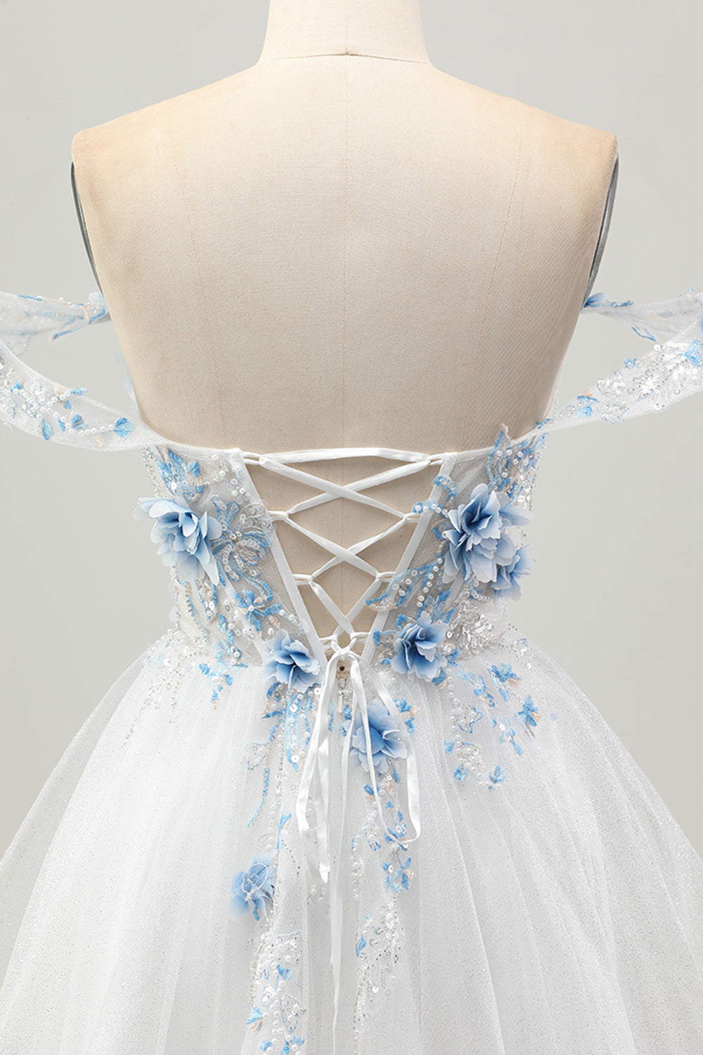 White Blue Flower A-Line Off the Shoulder Corset Short Prom Dress
