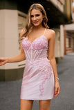 Candy Pink Flower Spaghetti Straps Corset Bodycon Short Prom Dress