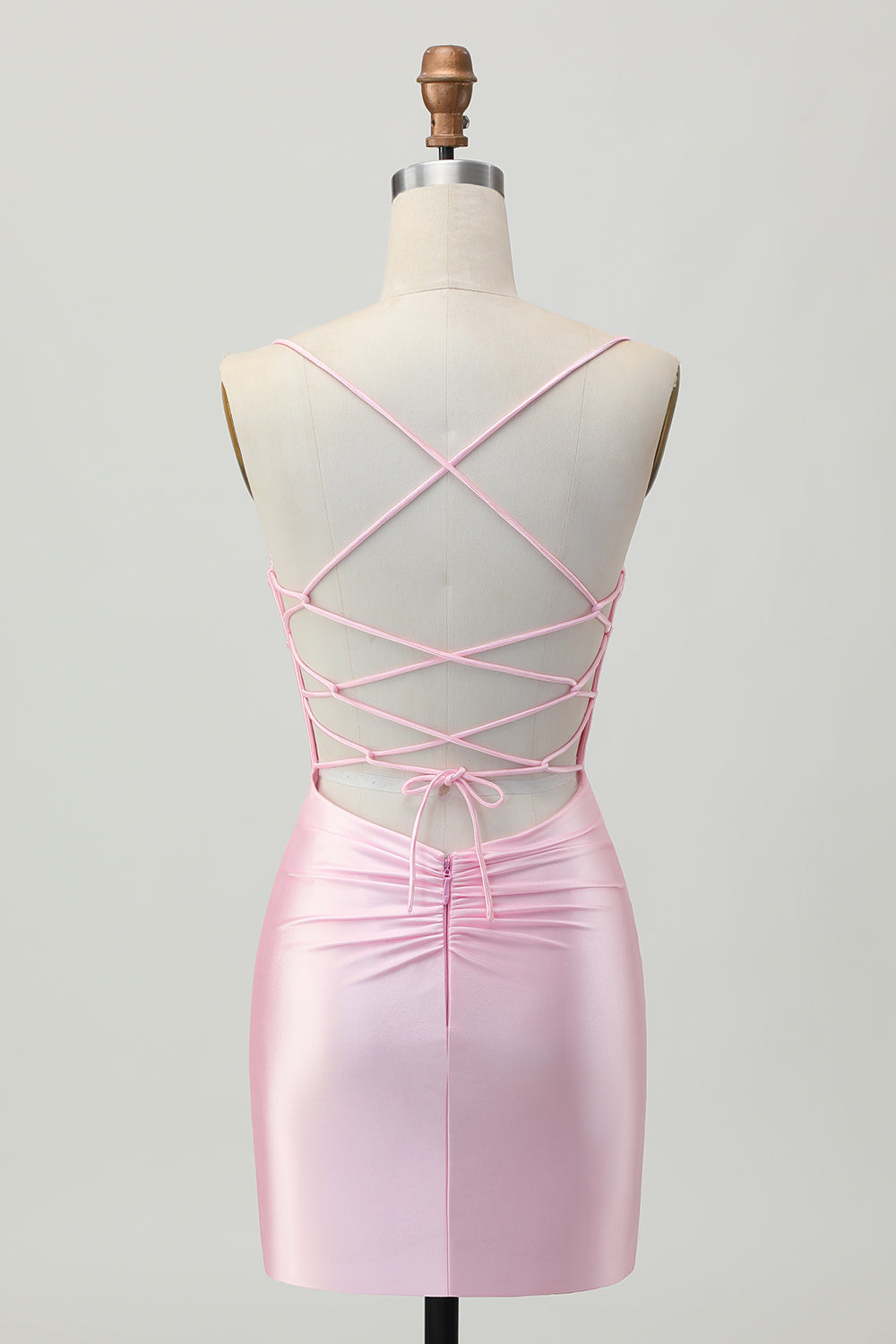 Blush Pink Bodycon Spaghetti Straps Cocktail Dress with Lace Up Back