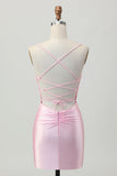 Blush Pink Bodycon Spaghetti Straps Cocktail Dress with Lace Up Back