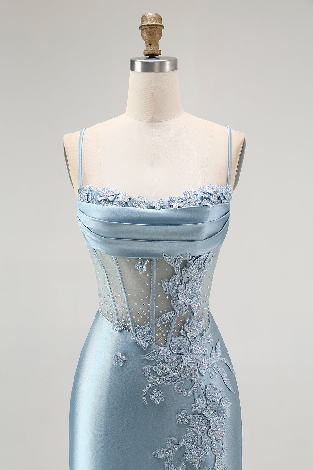 Grey Blue Mermaid Beaded Appliqued Corset Long Prom Dress with Slit