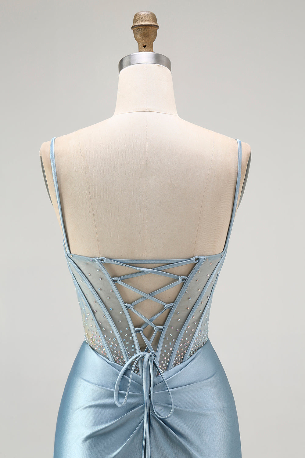 Grey Blue Mermaid Beaded Appliqued Corset Long Prom Dress with Slit