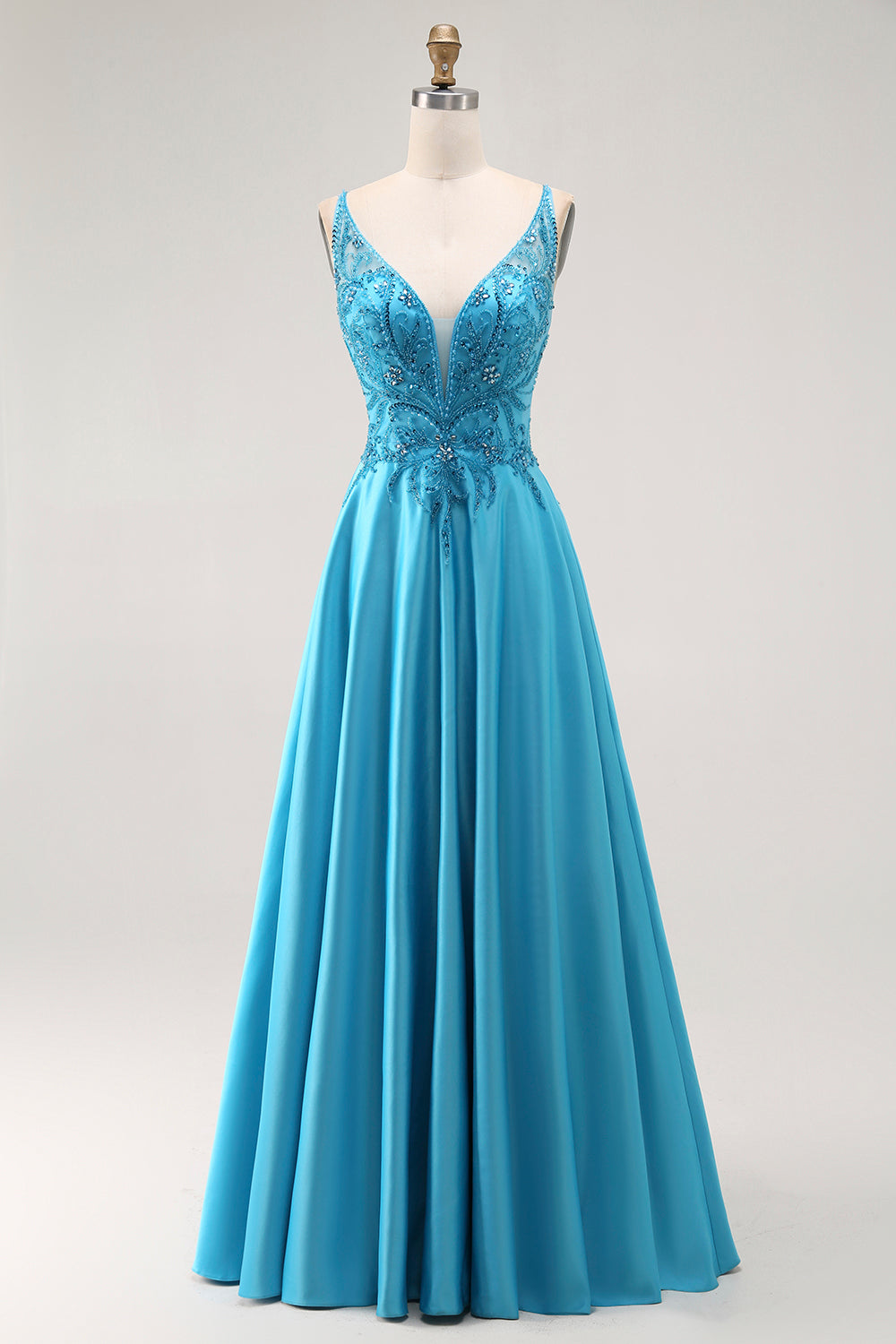 A Line Beaded Long Blue Prom Dress With Appliques