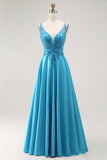 A Line Beaded Long Blue Prom Dress With Appliques