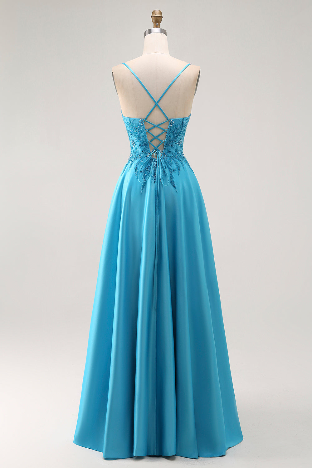 A Line Beaded Long Blue Prom Dress With Appliques