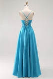A Line Beaded Long Blue Prom Dress With Appliques