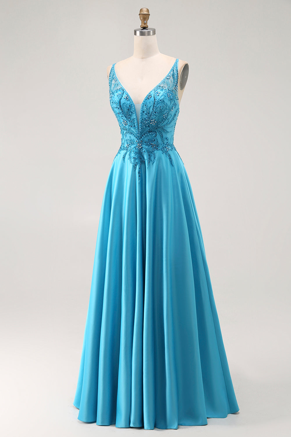 A Line Beaded Long Blue Prom Dress With Appliques