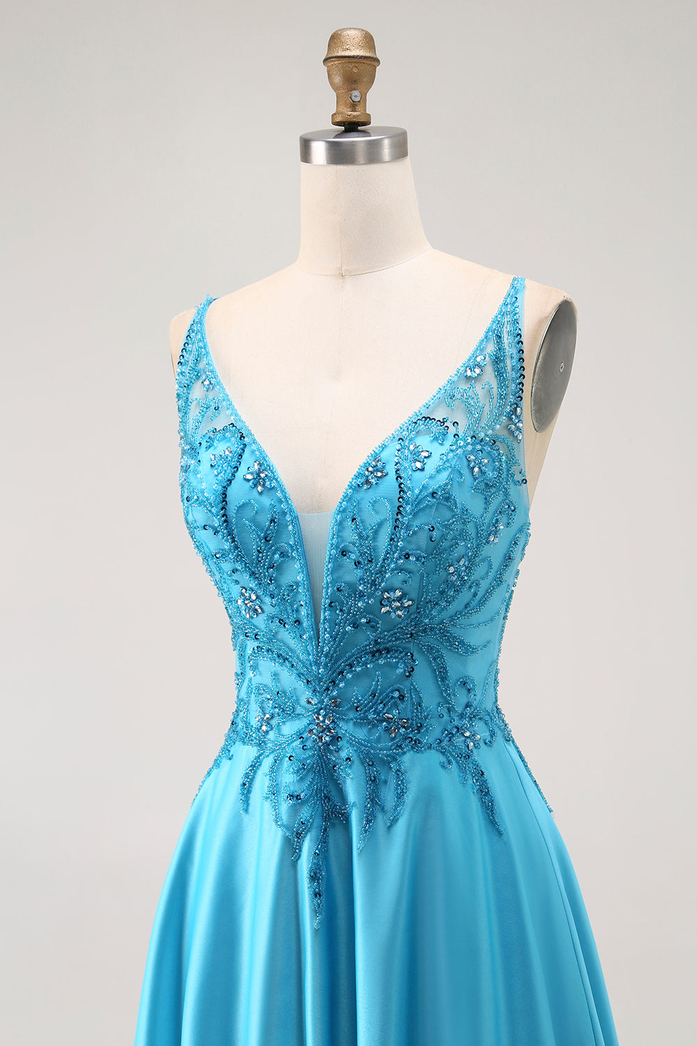 A Line Beaded Long Blue Prom Dress With Appliques