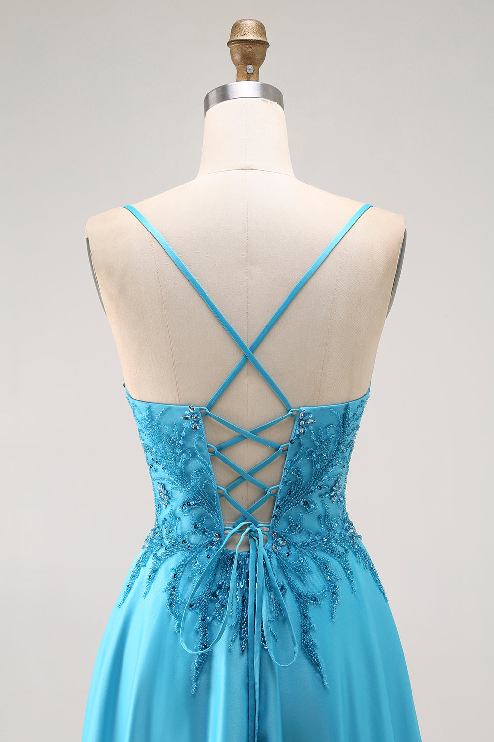 A Line Beaded Long Blue Prom Dress With Appliques