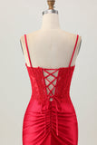Dark Red Spaghetti Straps Beaded Short Tight Cocktail Dress with Lace Up Back