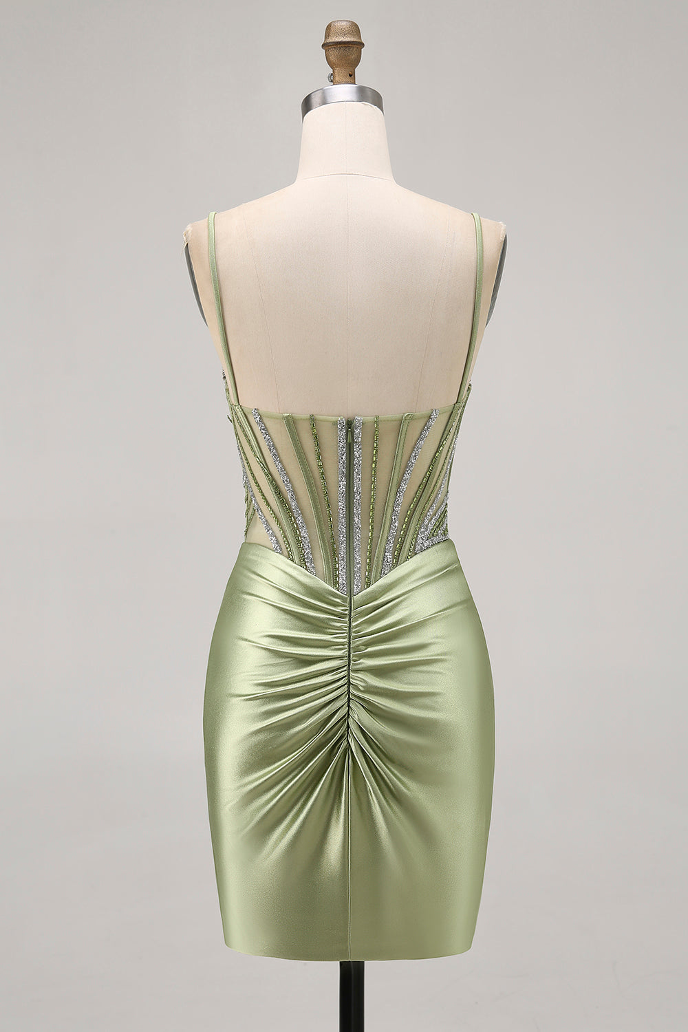 Sage Green Beaded Corset Tight Ruched Short Cocktail Dress with Rhinestones