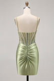 Sage Green Beaded Corset Tight Ruched Short Cocktail Dress with Rhinestones