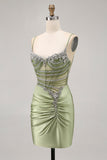 Sage Green Beaded Corset Tight Ruched Short Cocktail Dress with Rhinestones
