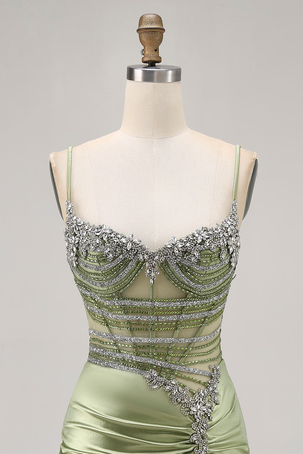 Sage Green Beaded Corset Tight Ruched Short Cocktail Dress with Rhinestones