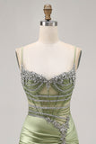 Sage Green Beaded Corset Tight Ruched Short Cocktail Dress with Rhinestones