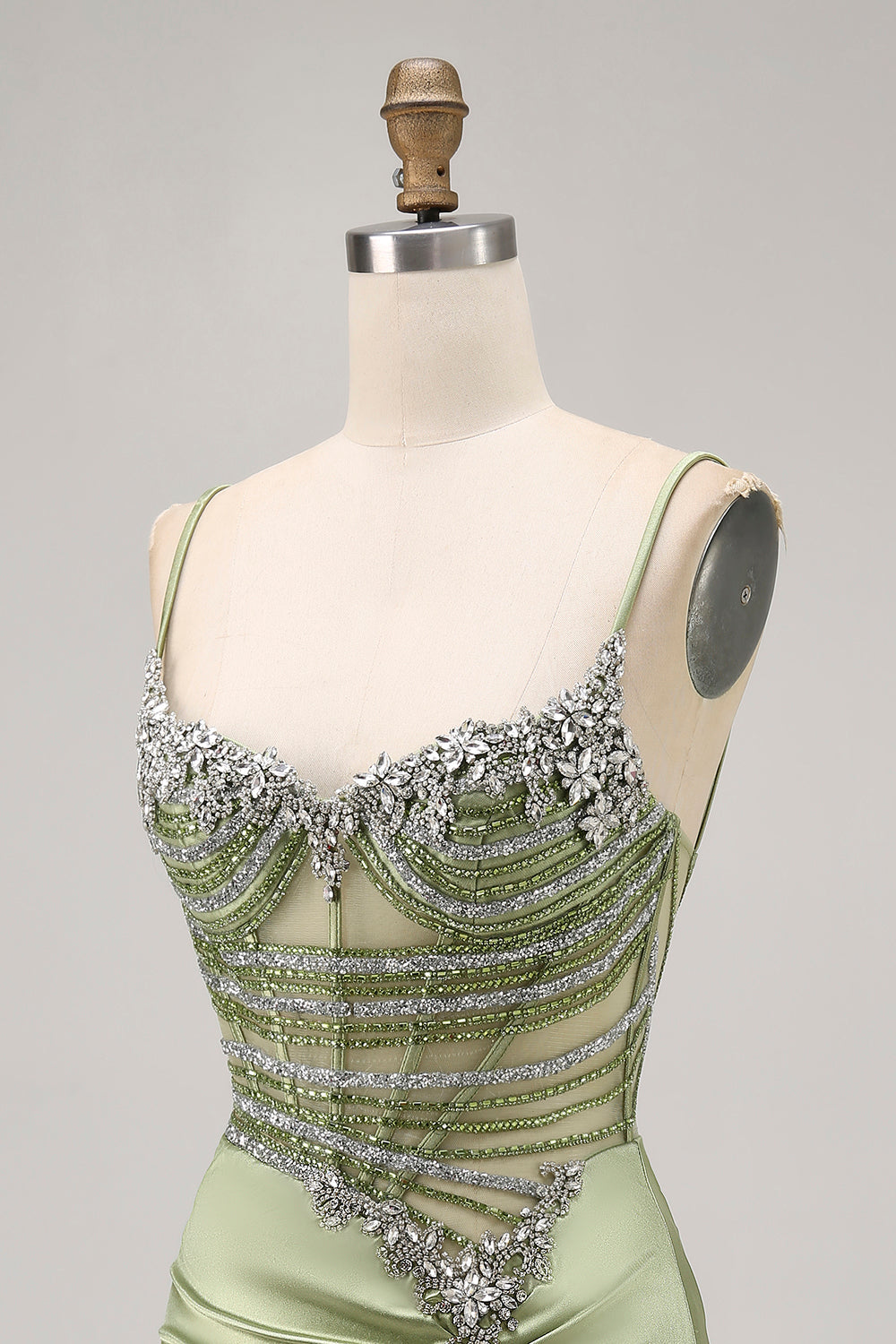 Sage Green Beaded Corset Tight Ruched Short Cocktail Dress with Rhinestones