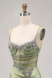 Sage Green Beaded Corset Tight Ruched Short Cocktail Dress with Rhinestones