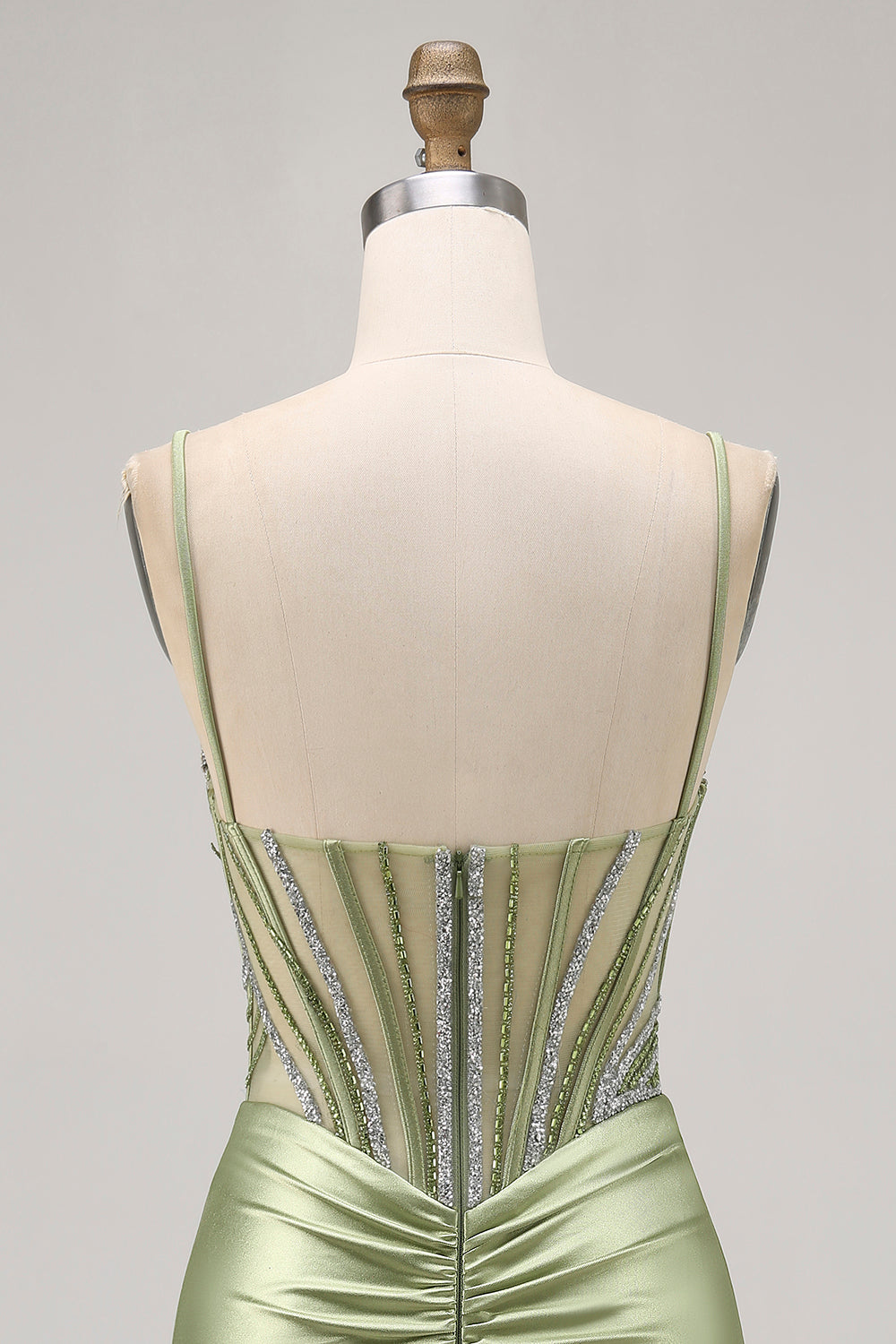 Sage Green Beaded Corset Tight Ruched Short Cocktail Dress with Rhinestones