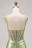 Sage Green Beaded Corset Tight Ruched Short Cocktail Dress with Rhinestones