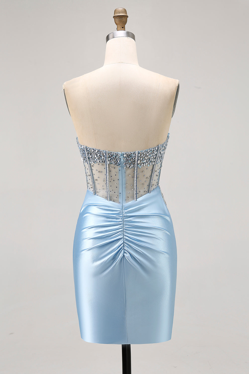 Blue Strapless Satin Beaded Corset Tight Cocktail Dress