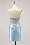 Blue Strapless Satin Beaded Corset Tight Cocktail Dress