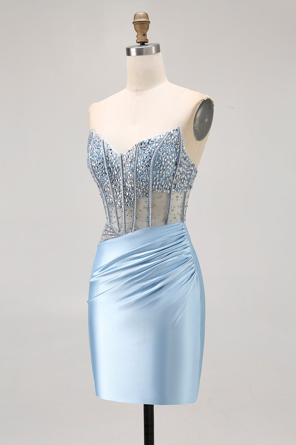 Blue Strapless Satin Beaded Corset Tight Cocktail Dress