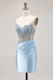 Blue Strapless Satin Beaded Corset Tight Cocktail Dress