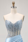 Blue Strapless Satin Beaded Corset Tight Cocktail Dress