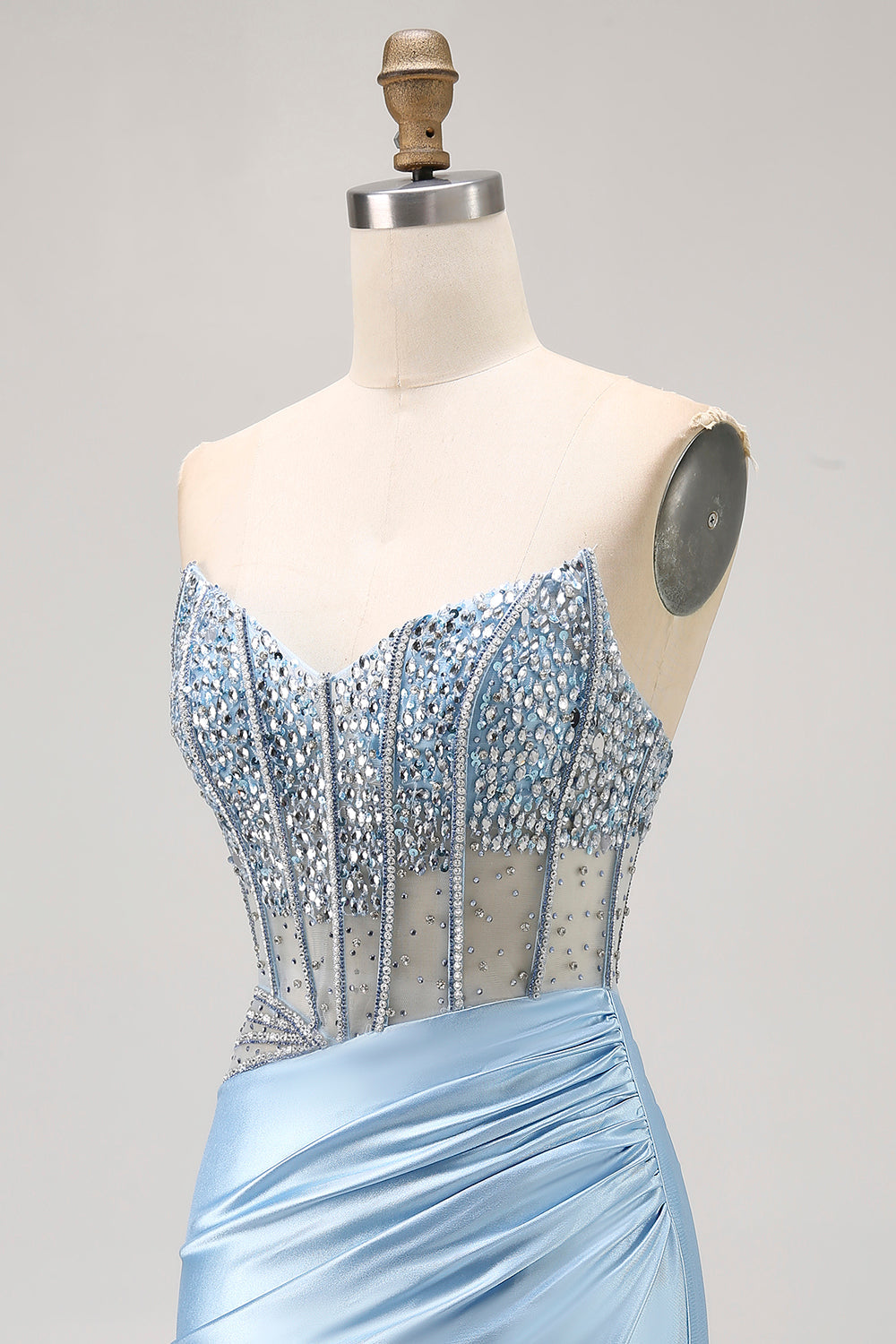 Blue Strapless Satin Beaded Corset Tight Cocktail Dress